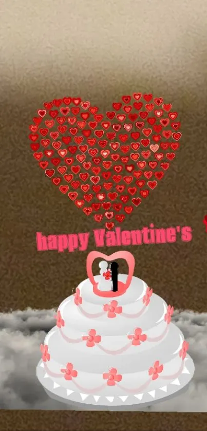 Romantic Valentine's Day wallpaper with heart and cake design.