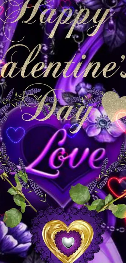 Romantic purple Valentine's Day mobile wallpaper with hearts.