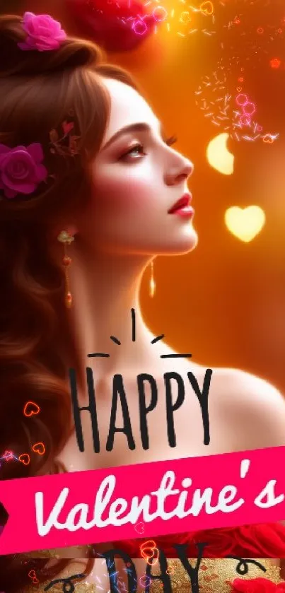 Romantic Valentine's Day wallpaper with roses and woman.