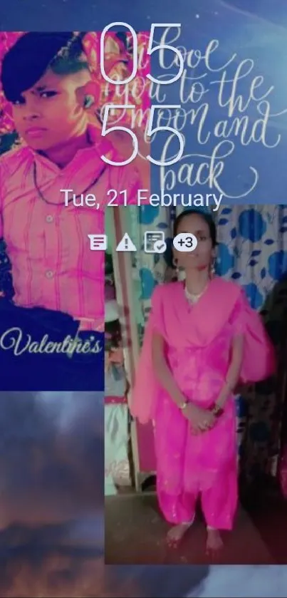Romantic night sky wallpaper with Valentine's theme and city lights.