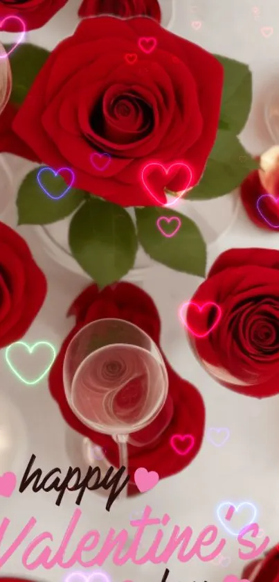 Romantic red roses with glowing hearts and wine glasses for Valentine's Day.