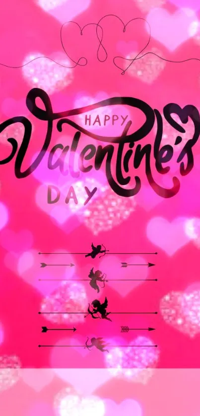 Valentine's Day wallpaper with pink hearts and cupid design.