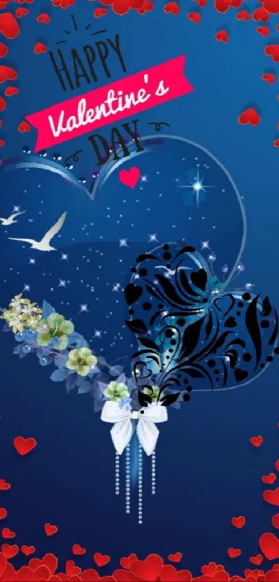 Valentine's Day heart wallpaper with red hearts and floral elements on blue background.