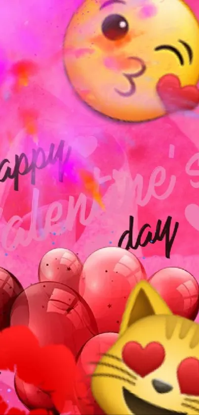 Valentine's Day mobile wallpaper with hearts and emojis on a pink background.