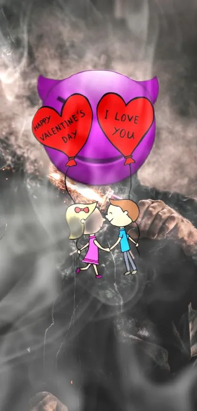 Couple with Valentine balloons in romantic mobile wallpaper.