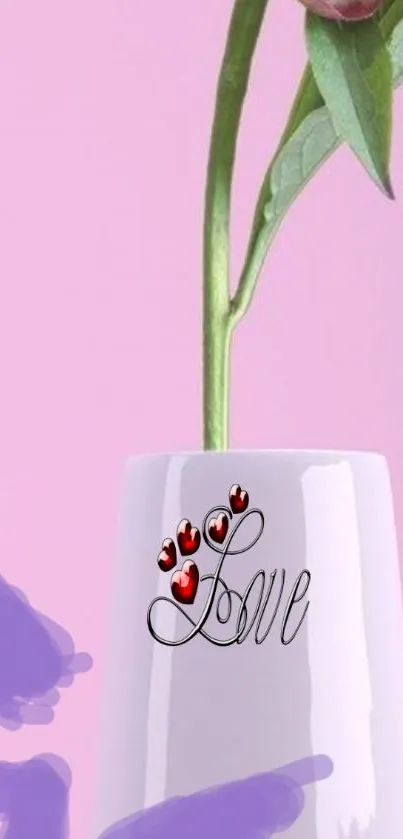 Romantic vase with love inscription on a pink background wallpaper.