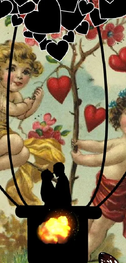 Vintage illustration of cherubic angels with hearts and romantic motifs.