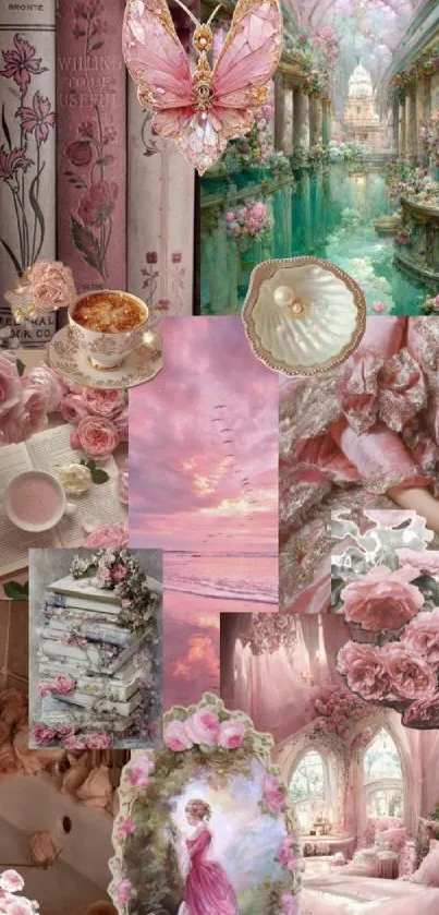 Fantasy pink collage with floral and magical elements wallpaper.