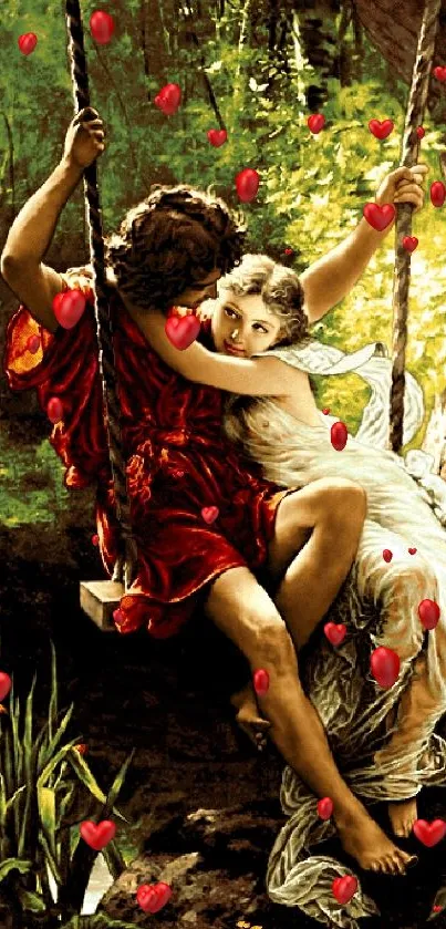 Romantic vintage artwork of a couple on a swing.