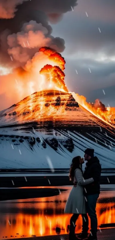 Couple silhouetted against erupting volcano with orange lava.