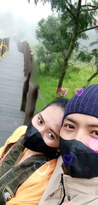 Couple on a misty bridge with heart effects in nature.