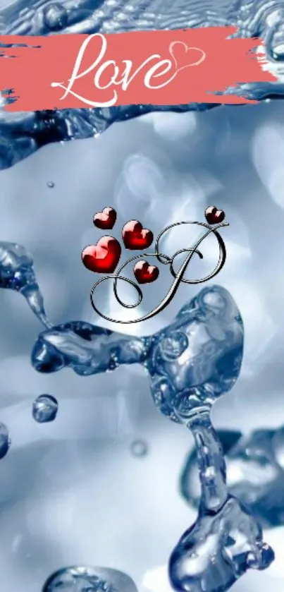 Romantic water-themed wallpaper with love and heart symbols in a blue background.