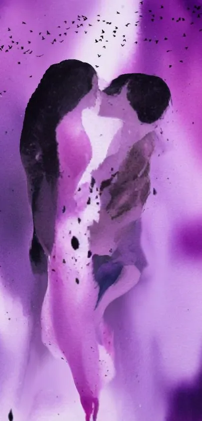 Purple watercolor art of a couple embracing.