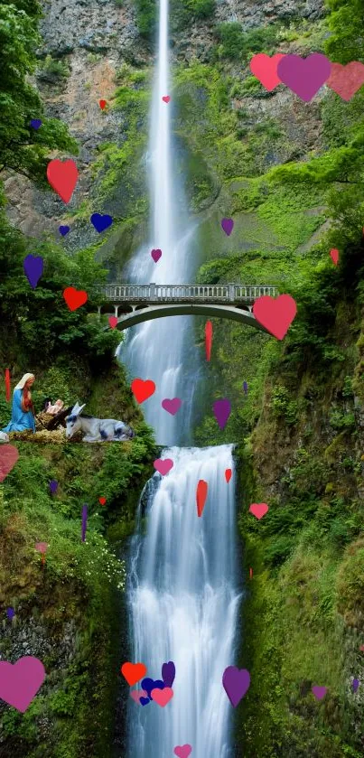 Romantic waterfall landscape with colorful hearts.