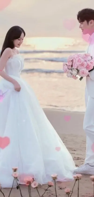 Romantic beach wedding scene with couple at sunset.