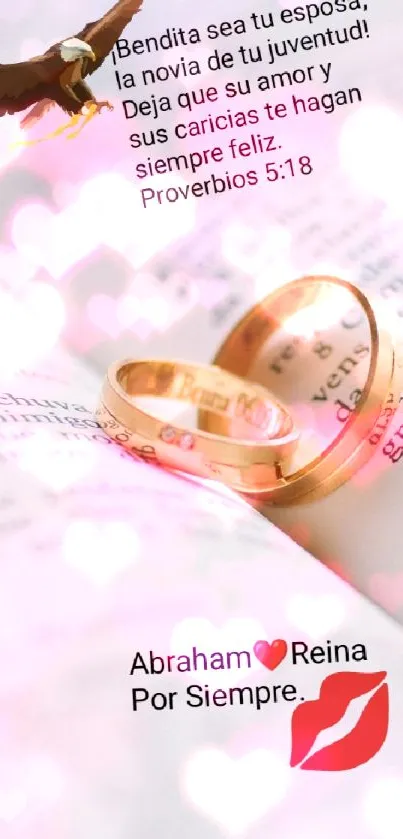 Bible pages with gold rings and romantic symbols of love.