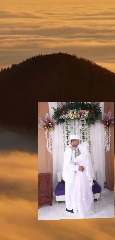 Wedding couple against cloudy sunset backdrop.