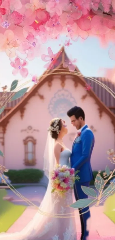 Beautiful wedding couple against floral decor.