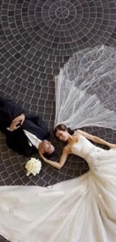 Romantic wedding couple on stylish floor design.