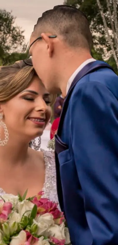 Elegant wedding couple sharing a romantic moment in a lush garden setting.