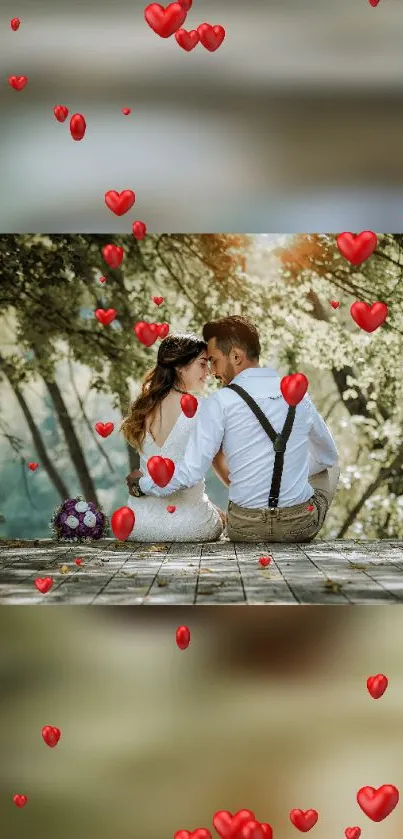 Romantic wedding couple with red hearts background.