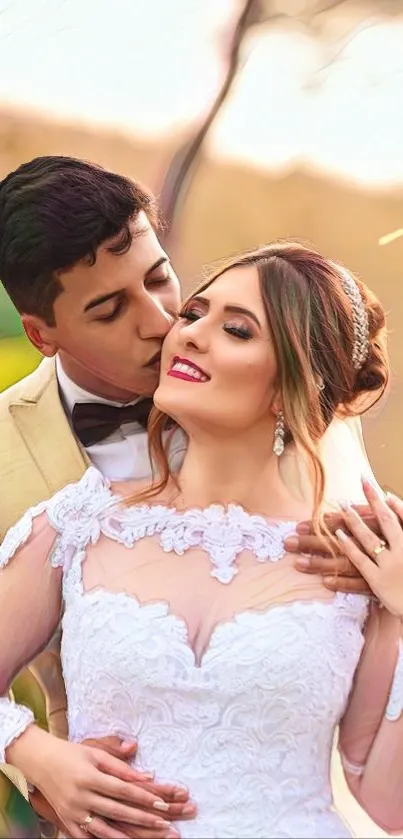 A newlywed couple in an embrace on their wedding day surrounded by outdoor scenery.