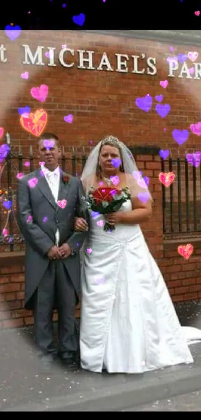 Bride and groom posing at a church wedding on a sunny day.