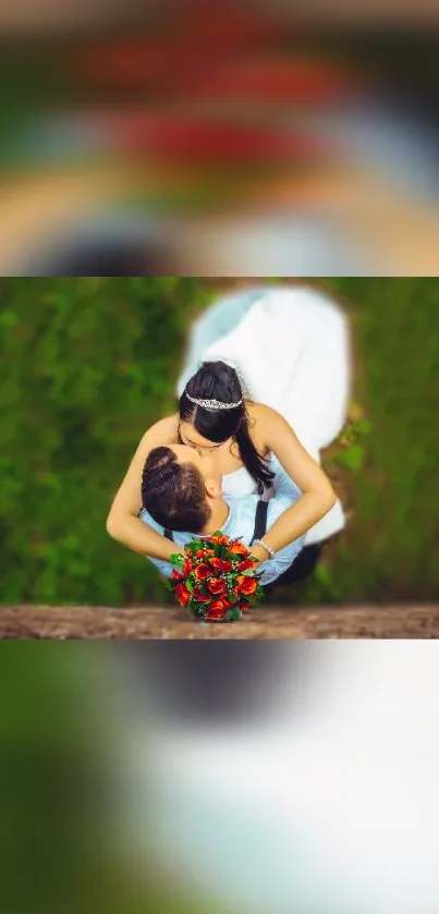 Beautiful wedding couple embracing outdoors.