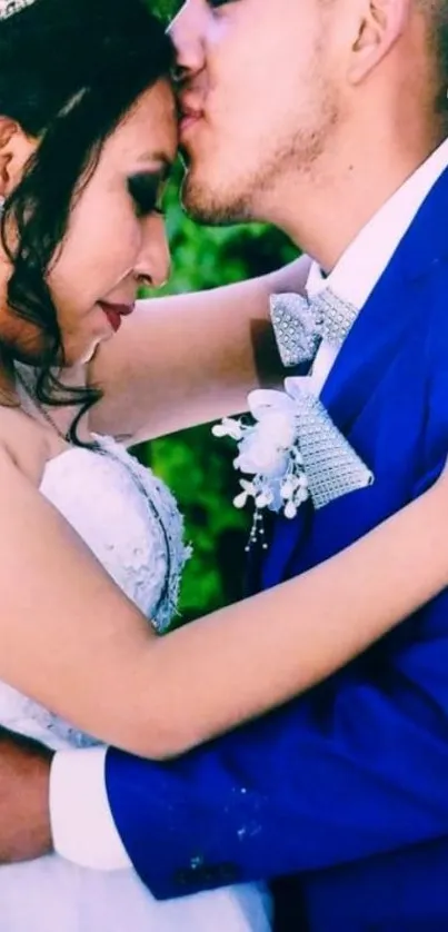 Romantic couple wedding kiss in vibrant colors.