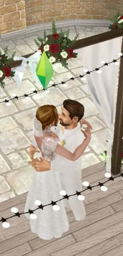 Virtual couple embracing under fairy lights.