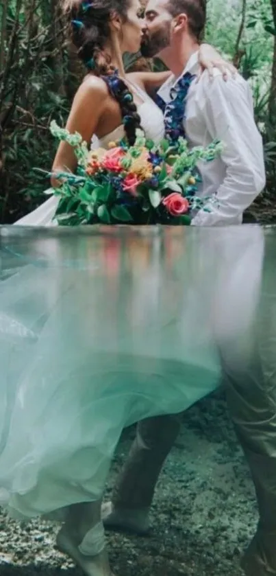 Romantic wedding kiss by a forest stream, vibrant colors.