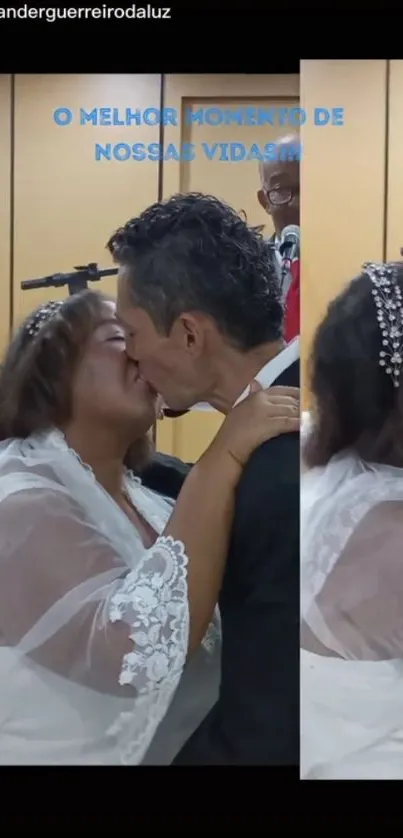 Heartfelt wedding kiss with joyful couple.