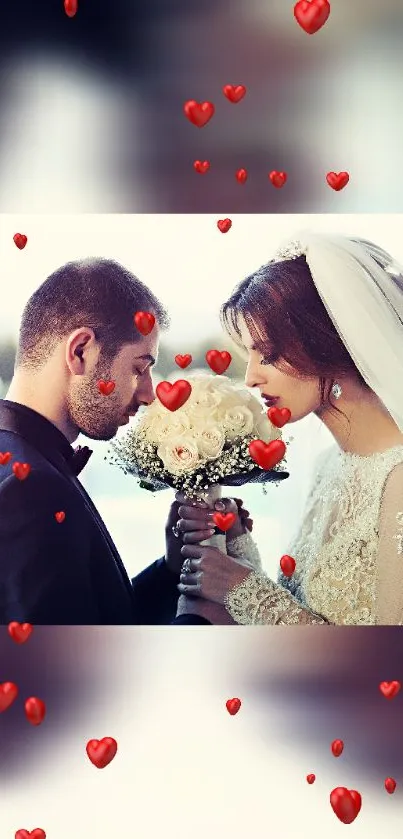 Romantic wedding couple surrounded by red hearts.