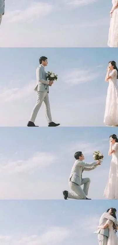 Romantic proposal with couple under blue sky.