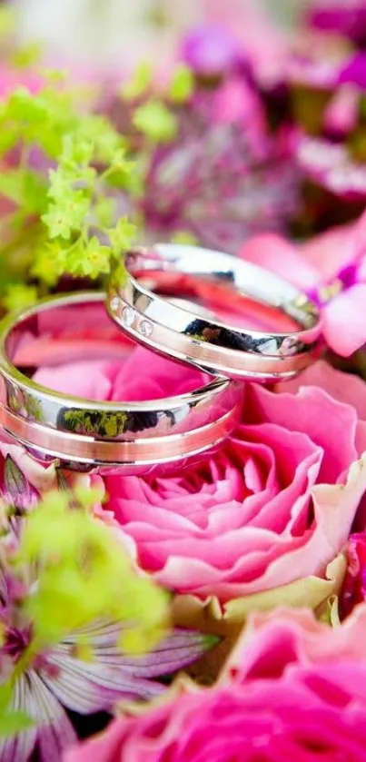 Silver wedding rings on pink roses with vibrant floral background.