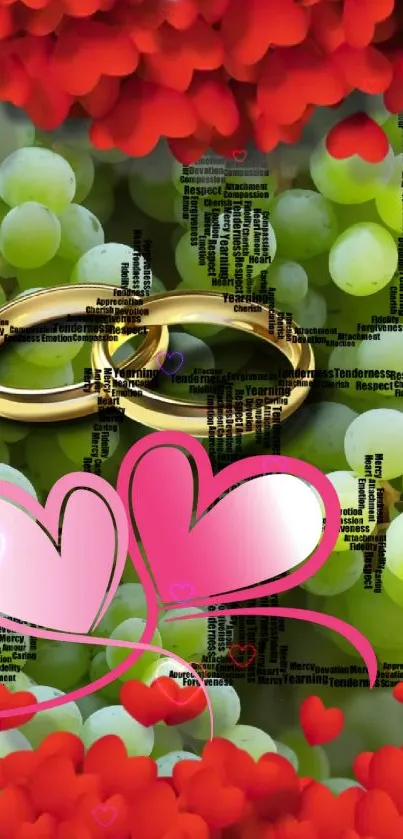 Romantic wallpaper with wedding rings, hearts, and grapes.