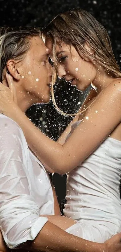 Romantic couple embracing under rainfall in white clothing for mobile wallpaper.