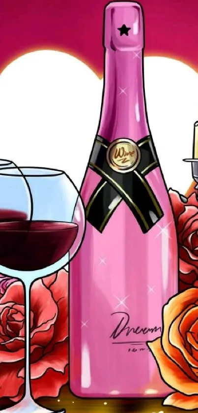 Romantic pink champagne with roses and candles.
