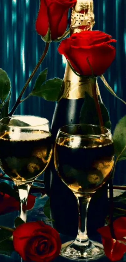 Romantic wallpaper with champagne, roses, and a blue background.