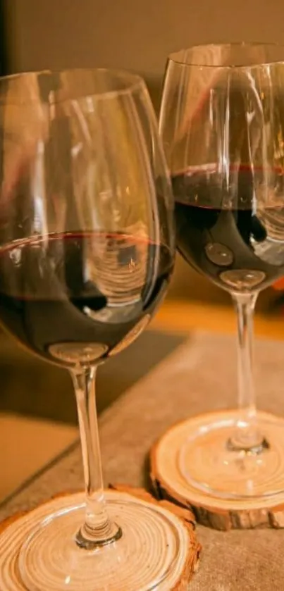 Two elegant wine glasses with rich red wine in a cozy setting.