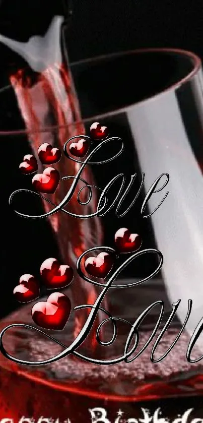 Romantic wallpaper with red hearts and wine theme.