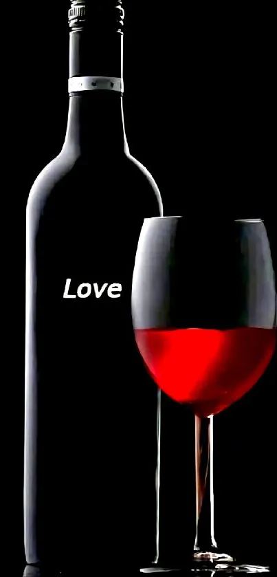 Romantic wine bottle and glass wallpaper with 'Love' text on black background.