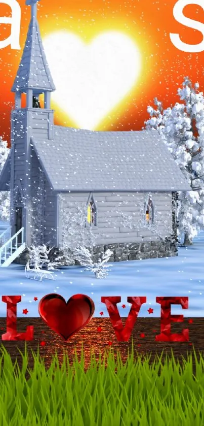 Romantic winter church with snow and glowing heart mobile wallpaper.