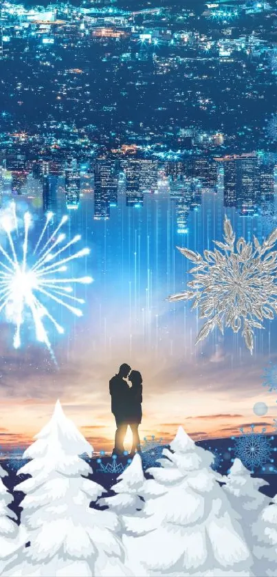 Couple under a starry winter cityscape with snowy trees and fireworks.