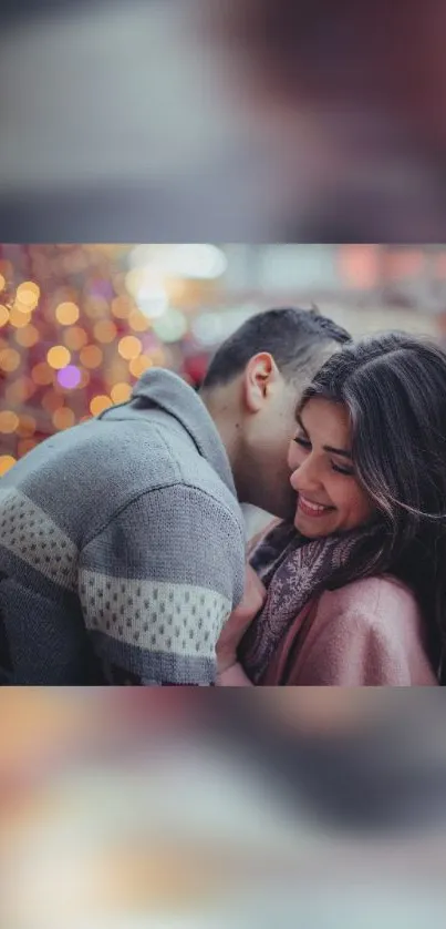 Romantic couple embracing warmly with festive lights in the background.