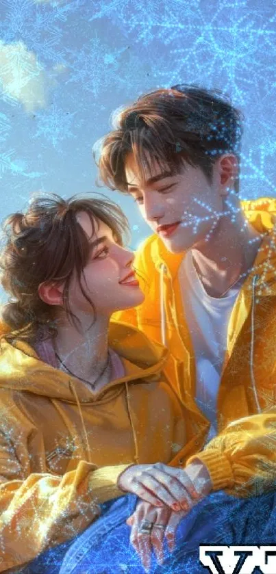 Romantic couple in snowflake blue backdrop with yellow hoodies.