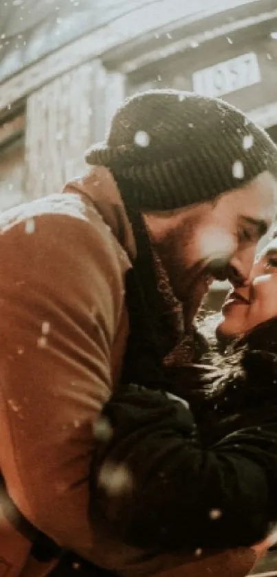 Romantic couple embracing in snowy setting.
