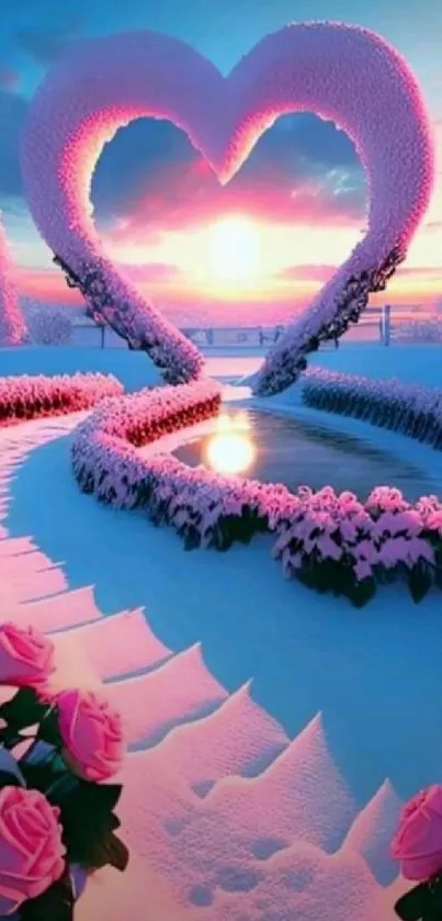 Beautiful pink heart-shaped arch in snowy sunset landscape.