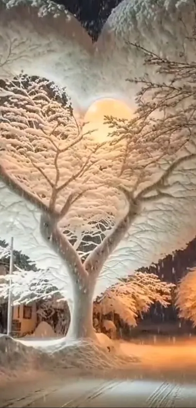 Heart-shaped tree glowing in winter night with snow.