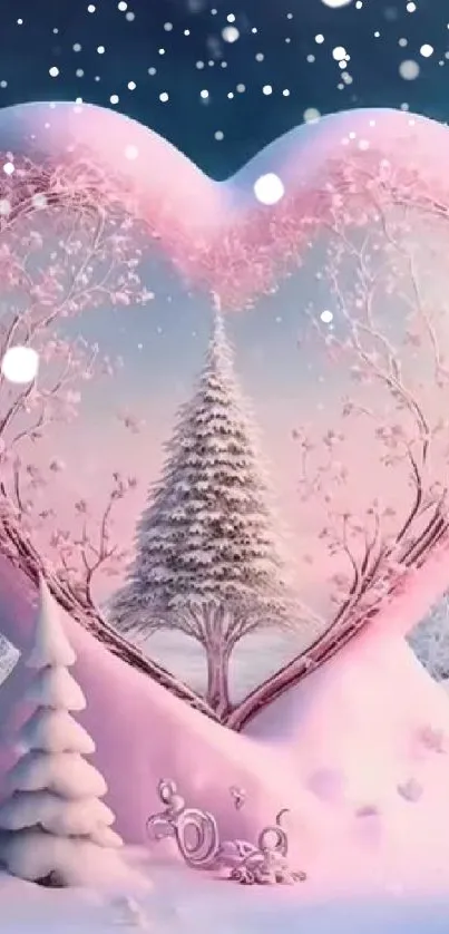 Pink heart-shaped winter scene with snowy trees.